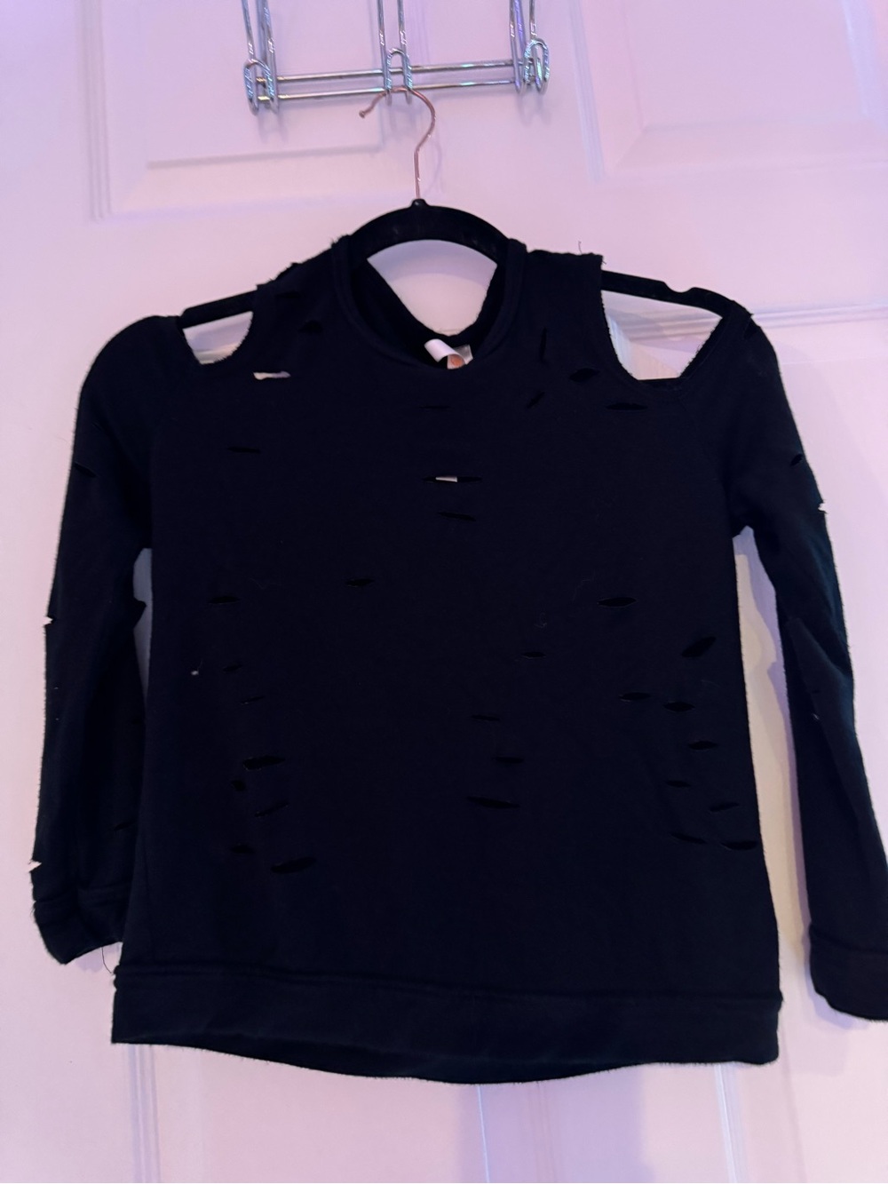Black Distressed Cold-Shoulder Long Sleeve Tee for Kids